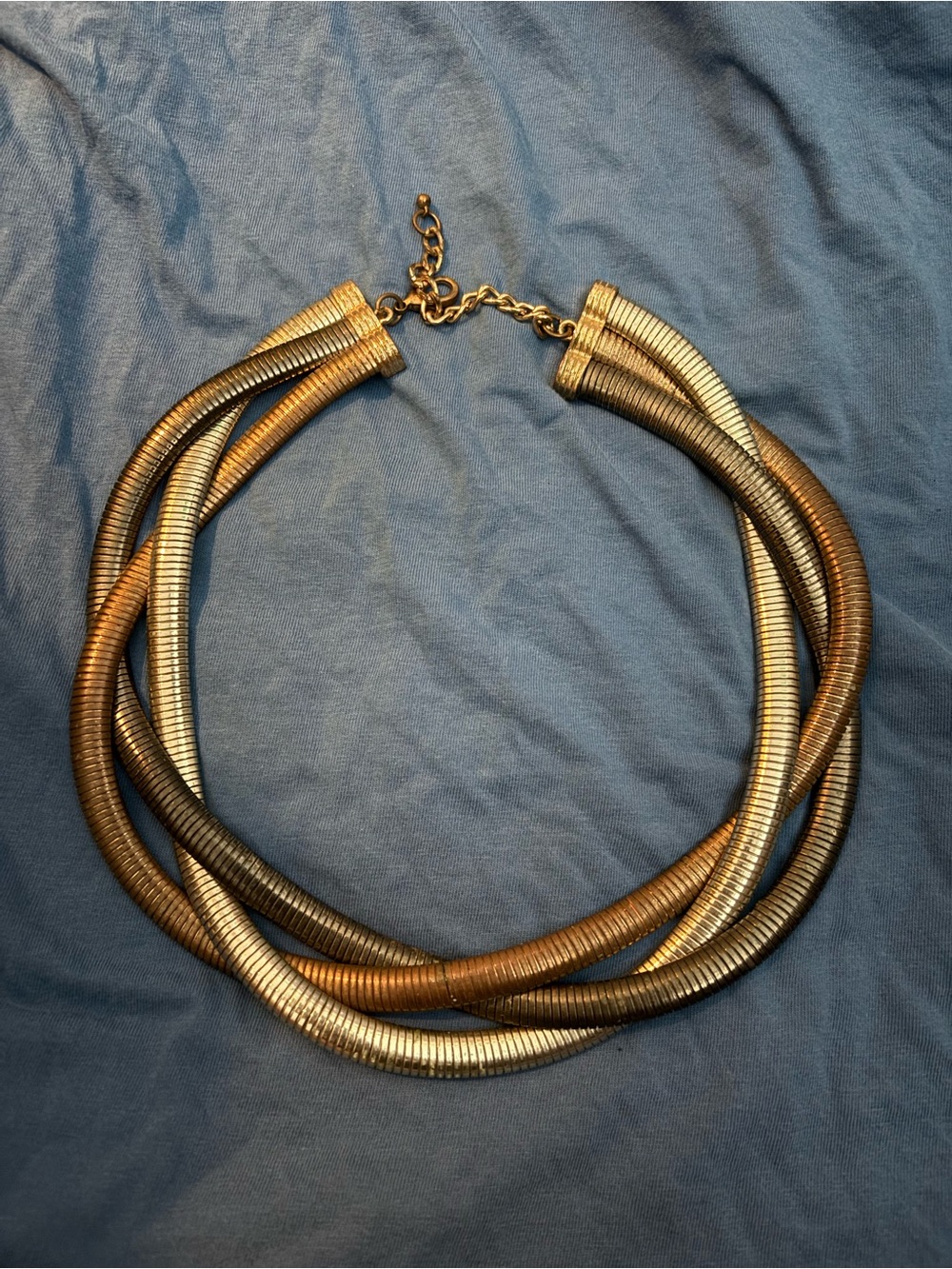 Tri-Tone Multi Strand Herringbone Collar Necklace - Gold, Silver, Bronze